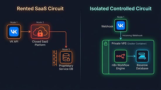 Схема сравнения ИТ-топологий: арендованный SaaS-контур (ВК -> закрытый конструктор -> закрытая БД сервиса) против подконтрольного изолированного контура (ВК Callback API -> n8n и Baserow DB в Docker на приватном VPS)