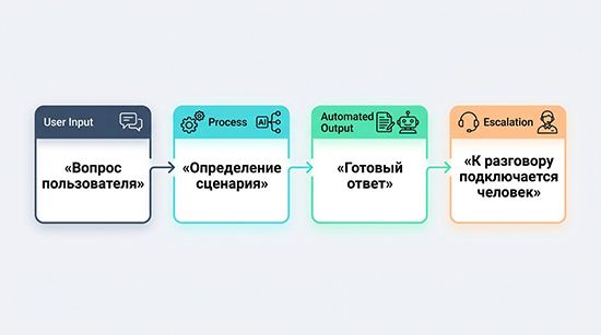 Блок-схема алгоритма обработки обращений: последовательность действий от вопроса пользователя и определения сценария до выдачи готового ответа и эскалации диалога на живого оператора