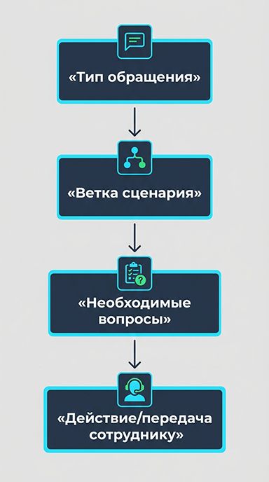 Схема логики маршрутизации обращений в чат-боте: последовательность от определения типа обращения и выбора ветки сценария до сбора необходимых вопросов и передачи задачи сотруднику